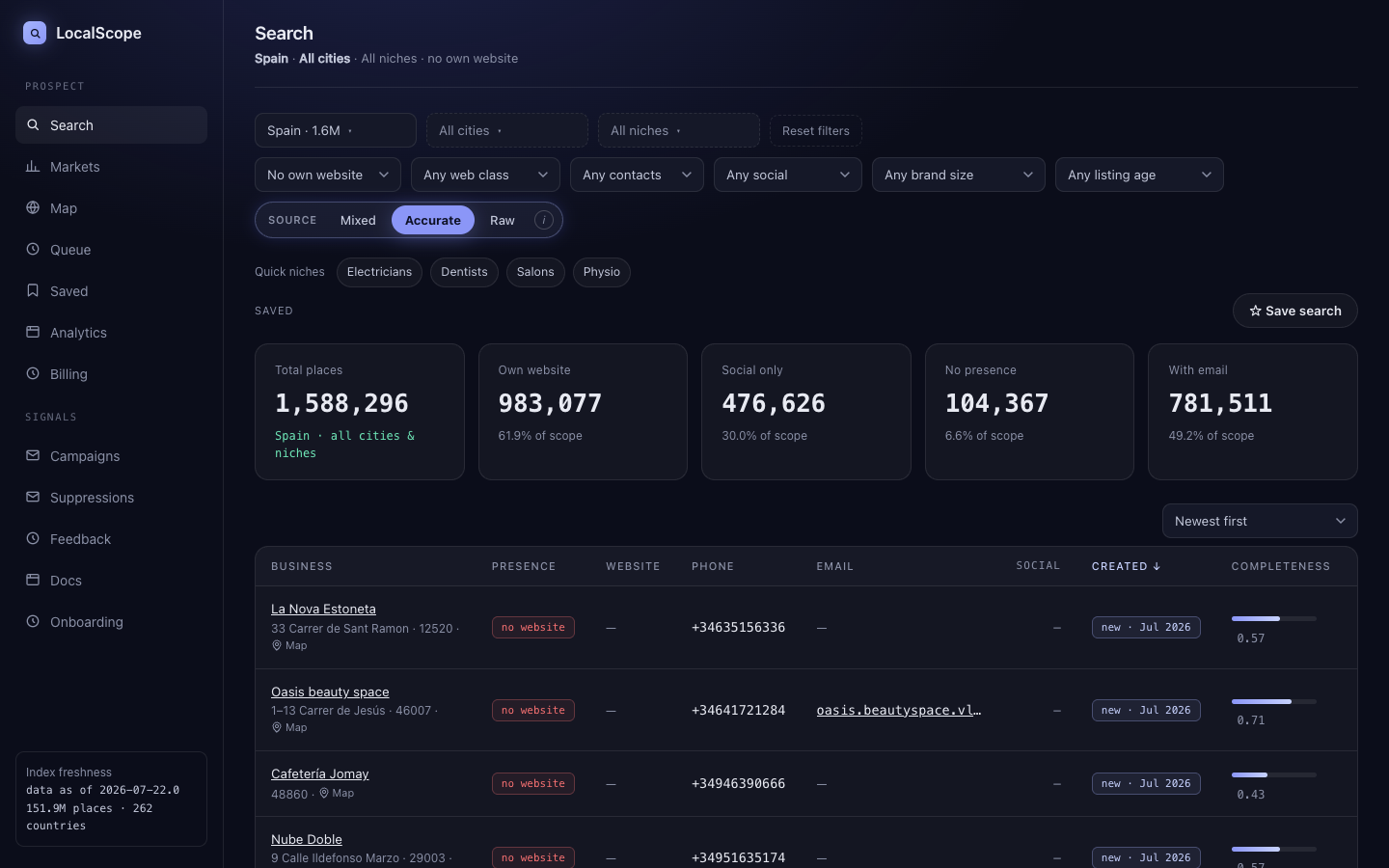 Search page with filter bar and results table